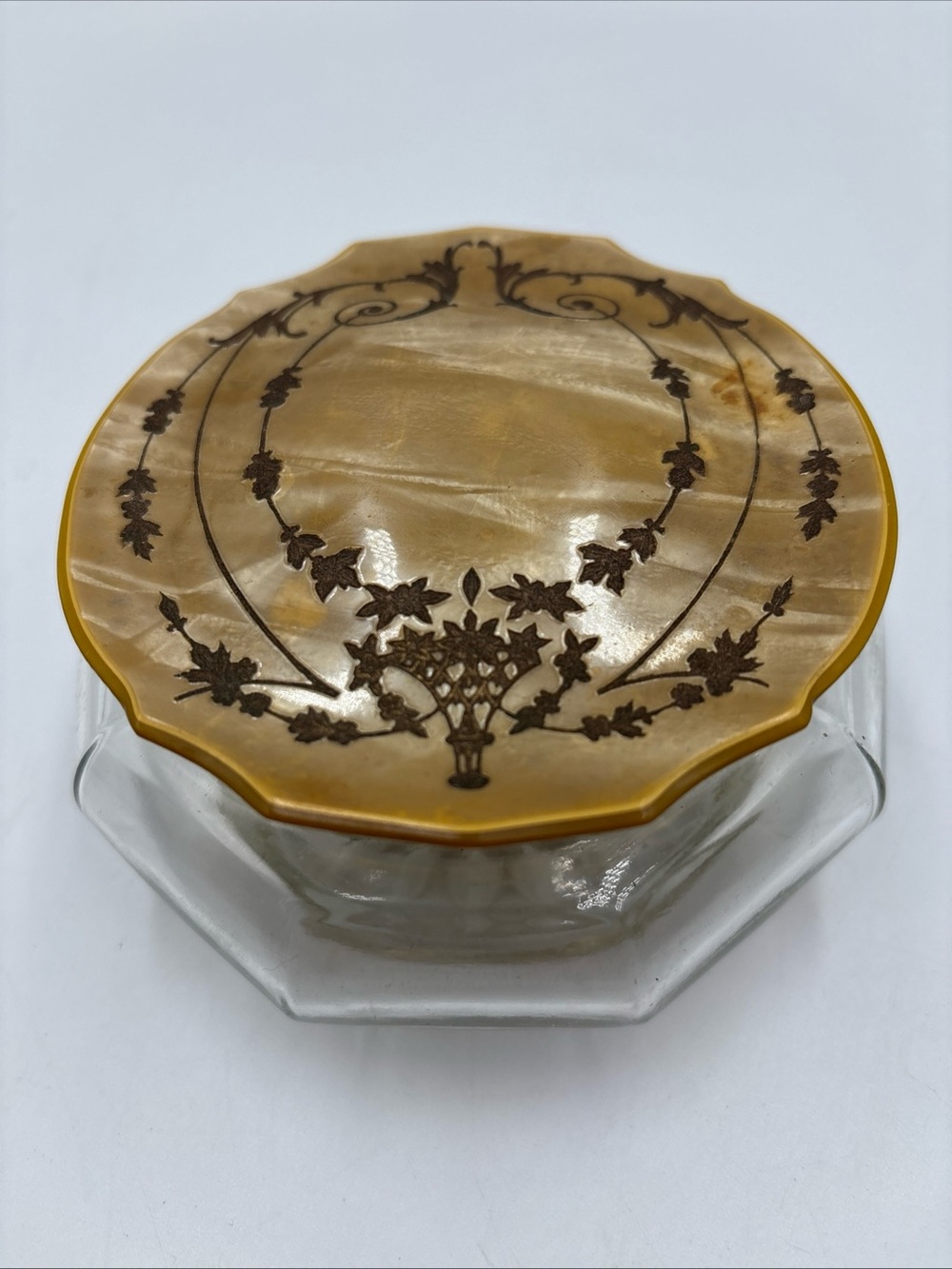 Vintage Clear Glass Dresser Box With Celluloid Lid 8 Sided